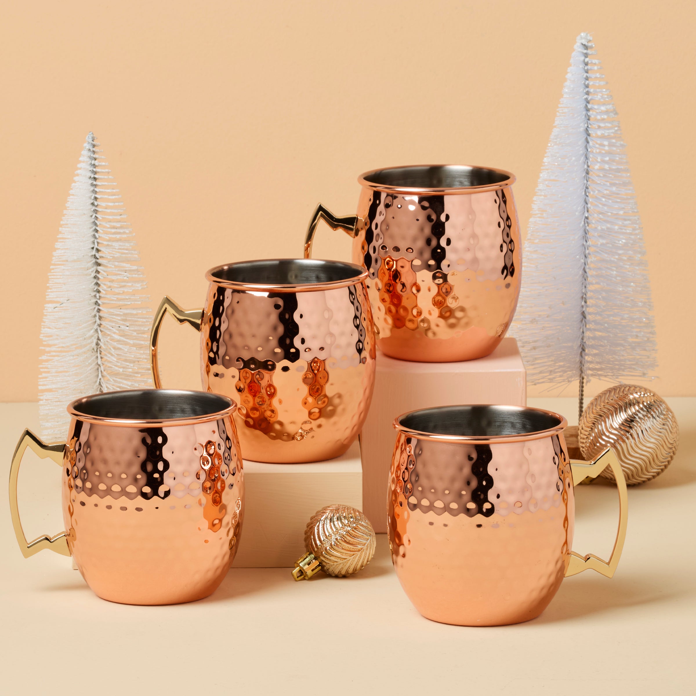 Hammered Copper Moscow Mule Mugs Set - 4 Pack, Gold Handle, Shatter-Resistant